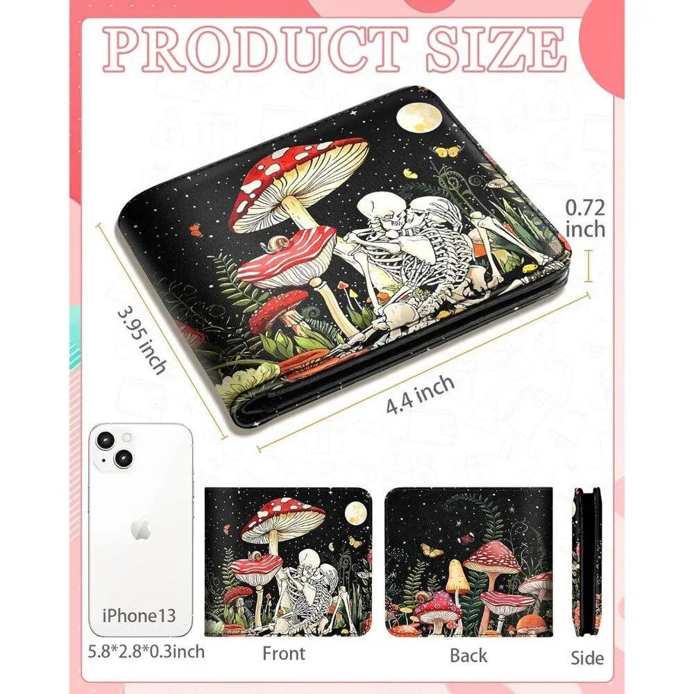 Women's 1 Mushroom Skull Goth Horror Cash Id Holder Blocking Leather Wallet
